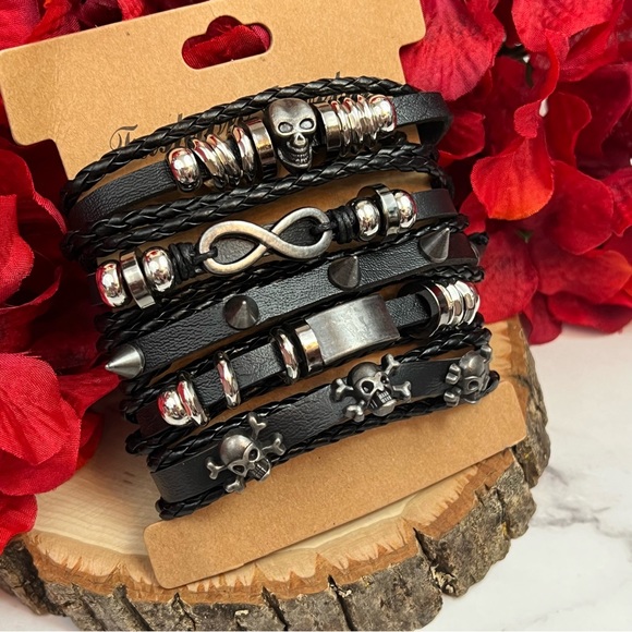 5 Pcs Set Punk Rock Infinity Skull Braided Leather Rope Bracelets - Picture 7 of 14